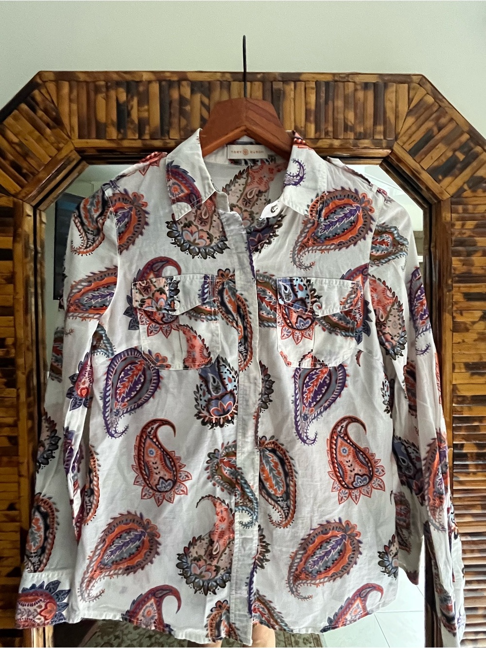 Tory Burch White Button-Down Shirt with Coral & Purple Paisley